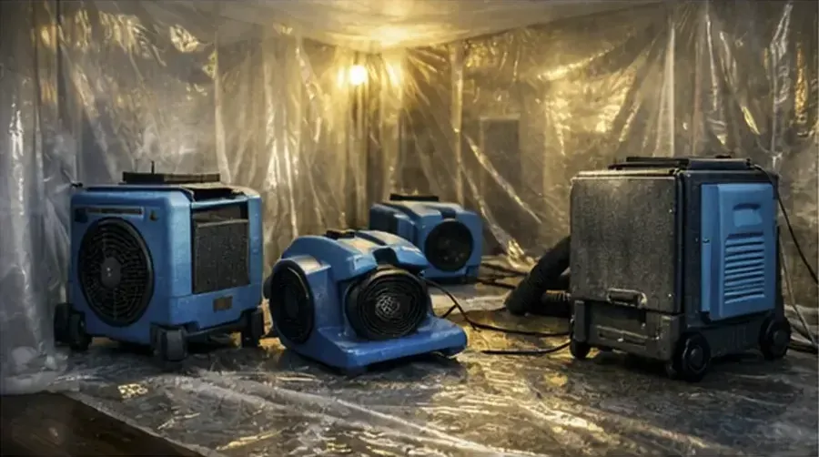 Air movers and dehumidifiers running inside plastic containment